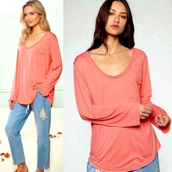POL Tops - POL Shirt  Coral Chest Pocket Long Sleeve T-Shirt Medium NEW